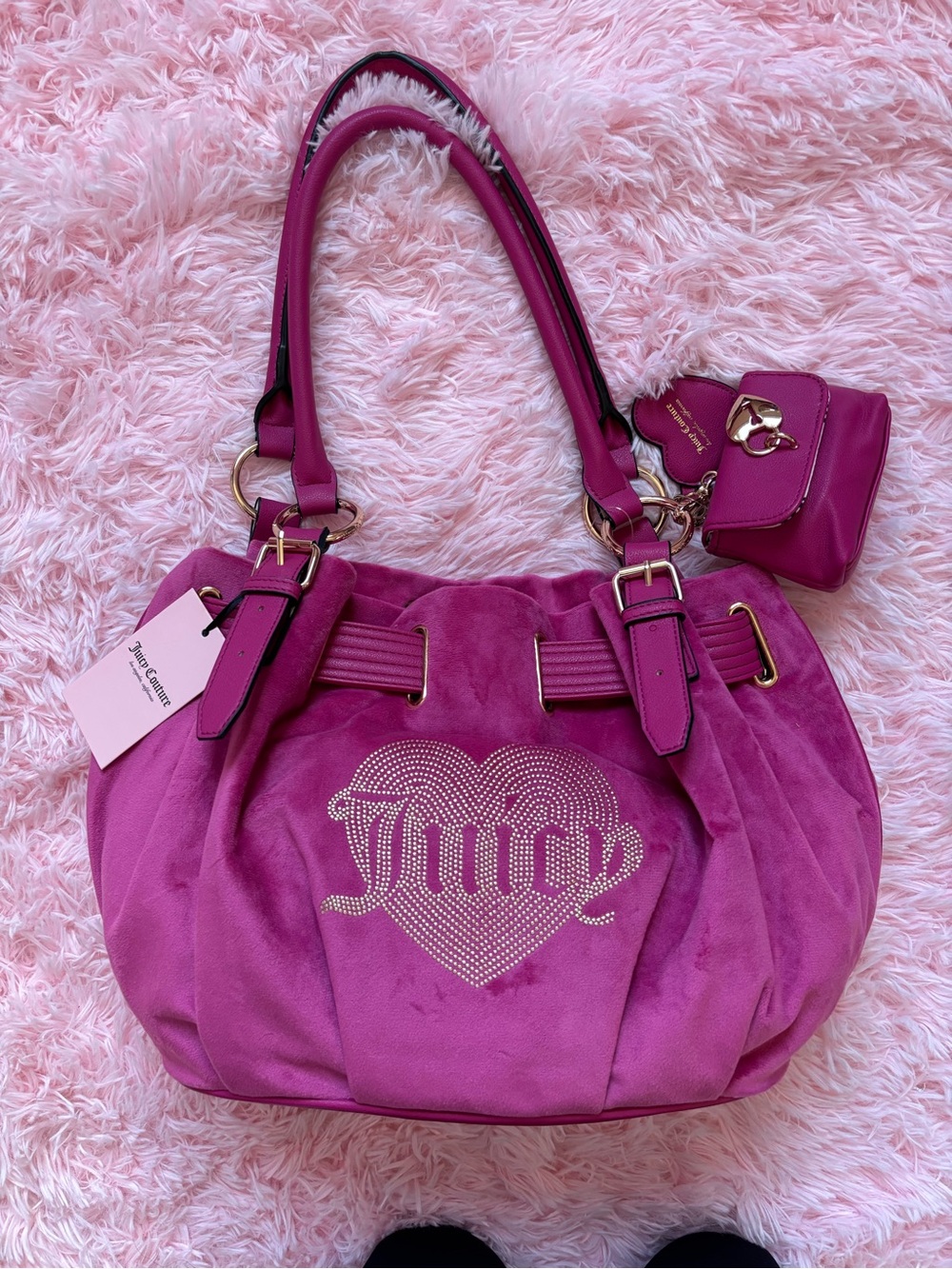 Juicy Couture Fuchsia Rhinestone Heart Shoulder Bag with Pouch